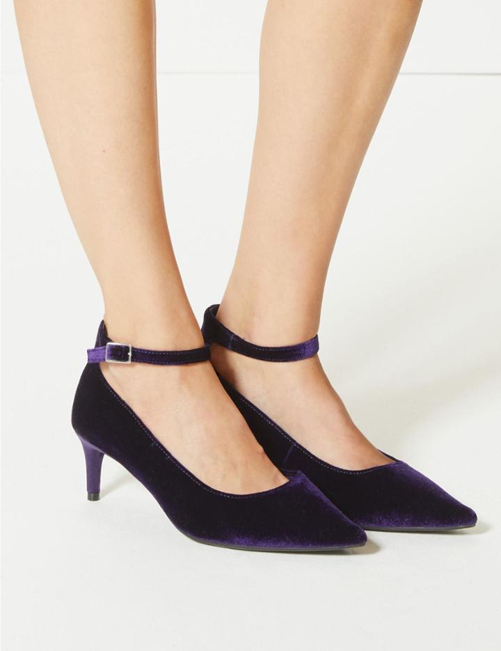 Marks & Spencer Wide Fit Kitten Heel Ankle Strap Court Shoes Burgundy