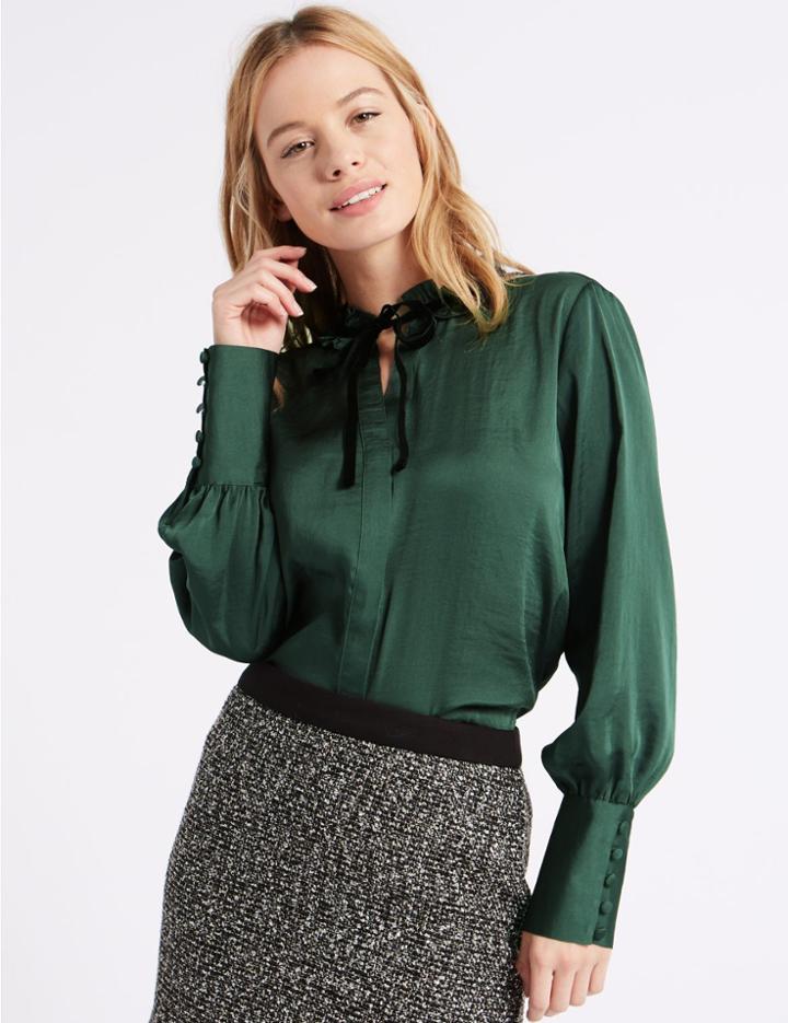 Marks & Spencer Petite Velvet Trim Long Sleeve Blouse Green