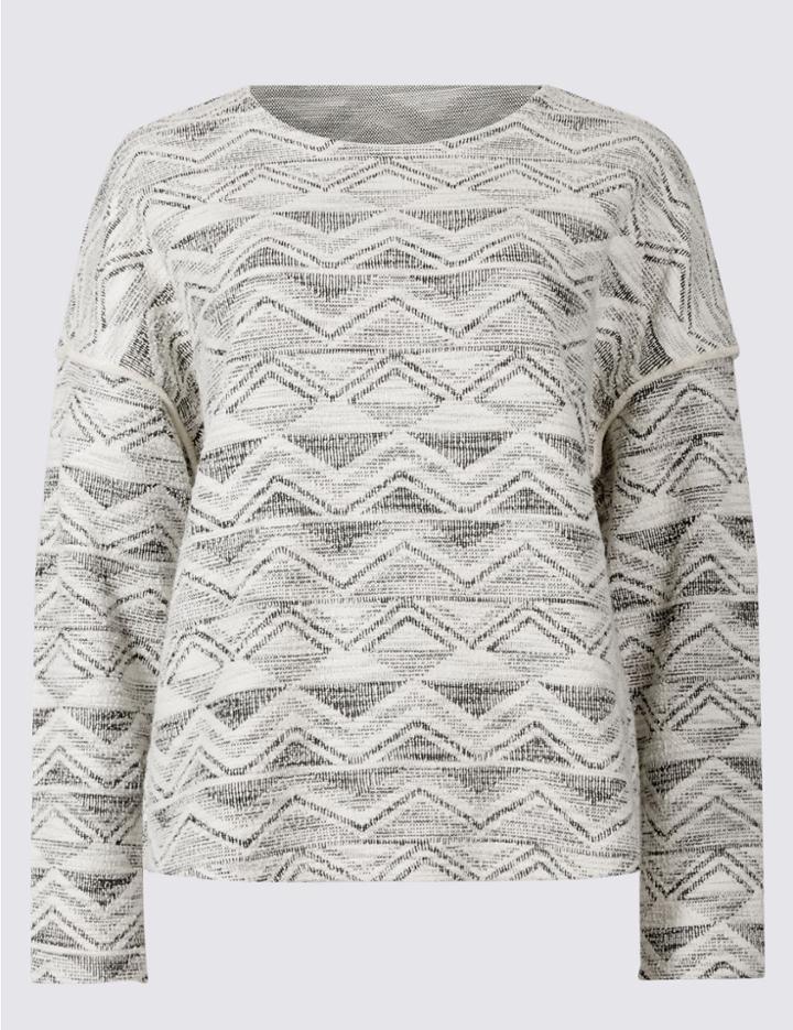Marks & Spencer Cotton Rich Textured Long Sleeve Jersey Top Ivory Mix