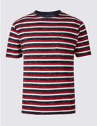 Marks & Spencer Cotton Rich Striped Crew Neck T-shirt Cranberry
