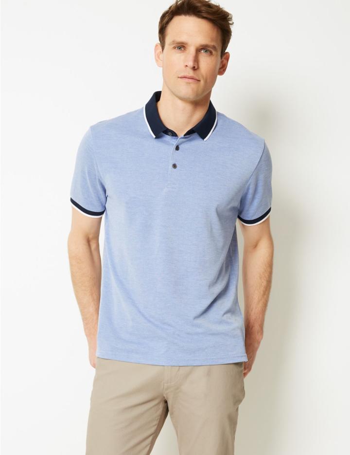 Marks & Spencer Modal Rich Striped Polo Shirt Blue