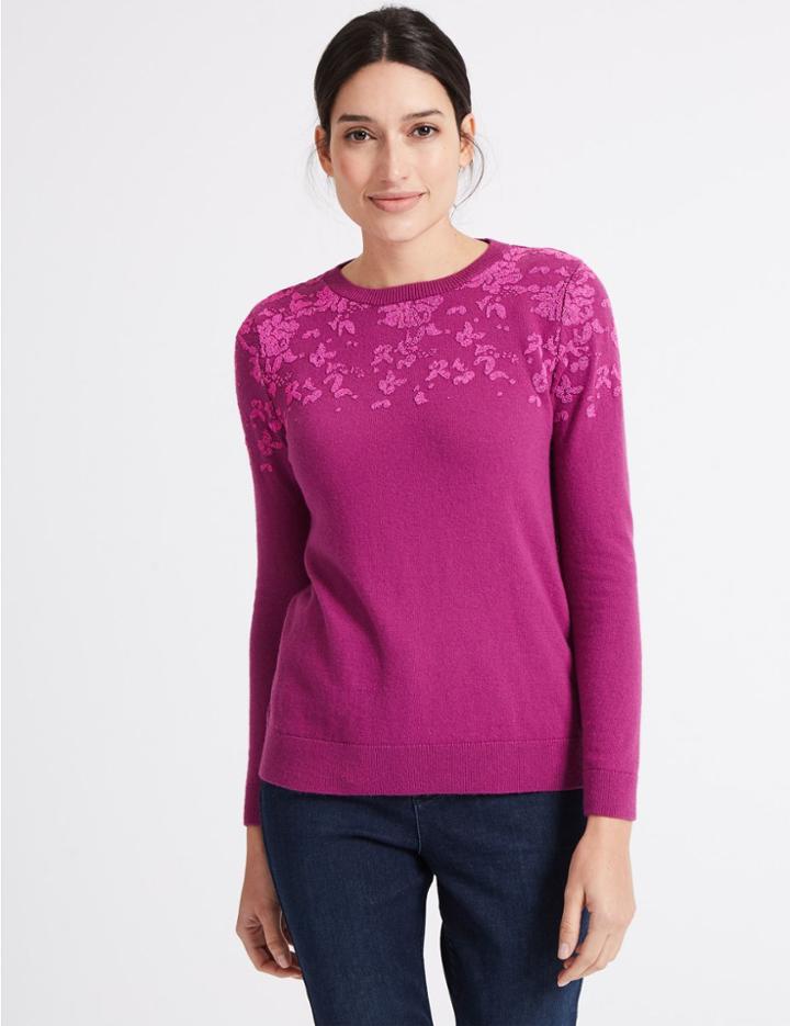 Marks & Spencer Jacquard Round Neck Long Sleeve Jumper Magenta