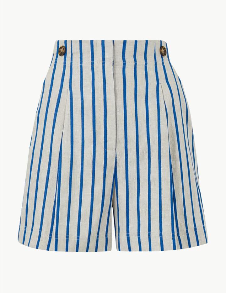Marks & Spencer Linen Blend Striped Tailored Shorts Blue Mix