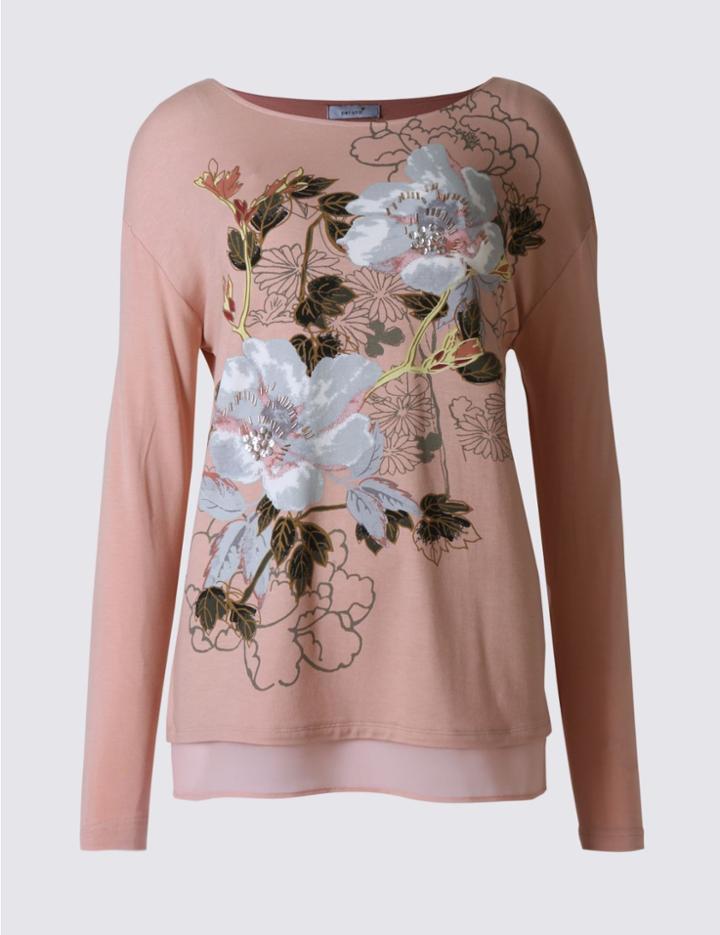 Marks & Spencer Floral Print Slash Neck Long Sleeve T-shirt Copper Rose