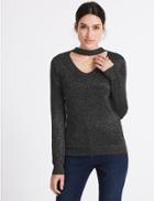 Marks & Spencer Textured Choker V-neck Jumper Black