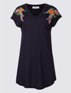Marks & Spencer Pure Modal Floral Embroidered T-shirt Navy Mix
