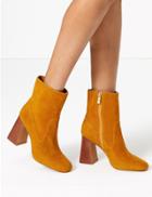 Marks & Spencer Suede Square Toe Flared Heel Ankle Boots Ochre