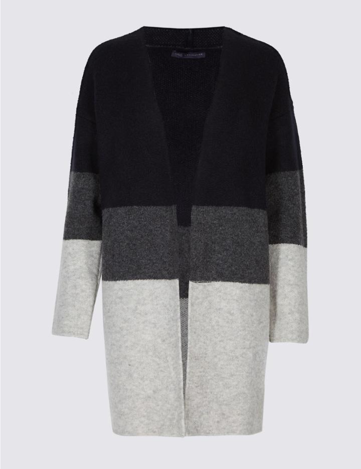 Marks & Spencer Colour Block Longline Open Front Cardigan Navy Mix