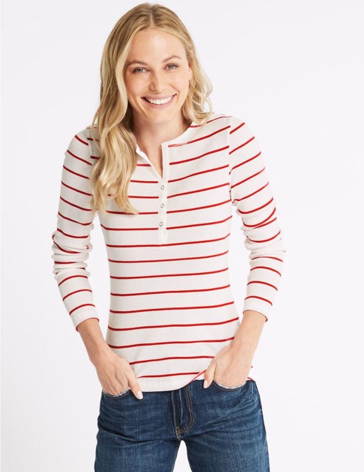 Marks & Spencer Cotton Blend Striped Long Sleeve Top Red Mix