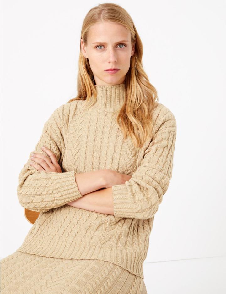 Marks & Spencer Cotton Rich Turtle Neck Cable Knit Jumper Camel
