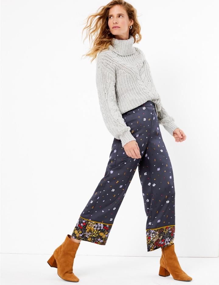 Marks & Spencer Satin Floral Wide Leg Cropped Trousers Navy Mix