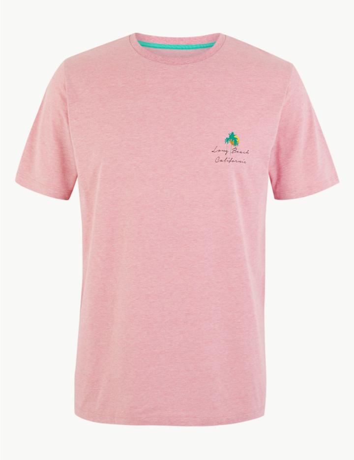 Marks & Spencer Cotton Long Beach California Slogan T-shirt Pink