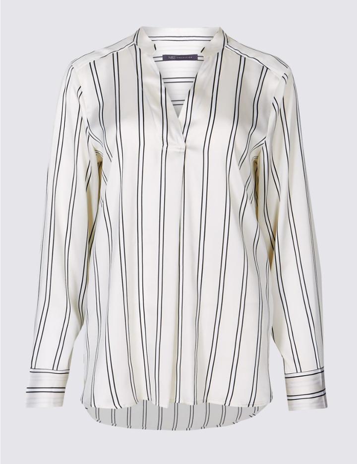 Marks & Spencer Striped Notch Neck Long Sleeve Satin Tunic Ivory Mix