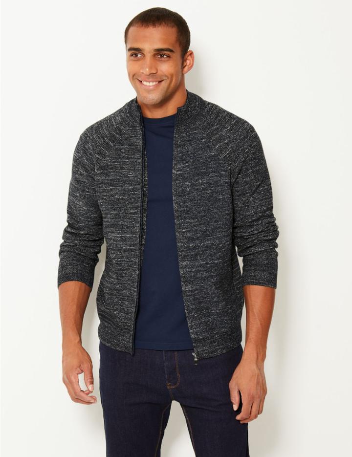 Marks & Spencer Textured Zip Through Cardigan Blue/grey