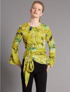 Marks & Spencer Printed Wrap Round Neck Long Sleeve Blouse Chartreuse