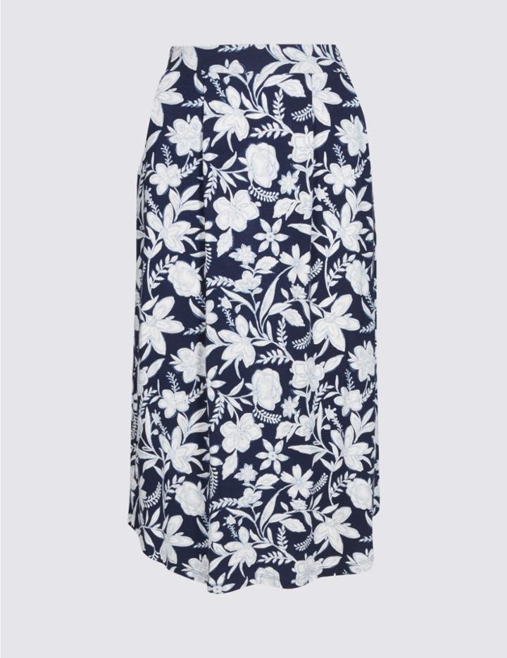 Marks & Spencer Floral Print Jersey A-line Midi Skirt Blue Mix