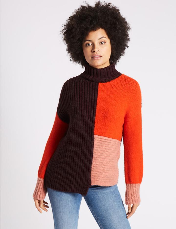 Marks & Spencer Colour Block Turtle Neck Jumper Orange