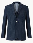 Marks & Spencer Pure Linen Indigo Striped Tailored Fit Jacket Indigo