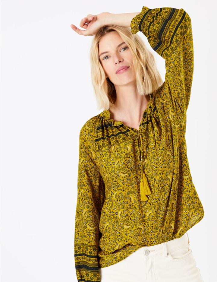 Marks & Spencer Floral Print High Neck Long Sleeve Blouse Yellow Mix