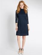 Marks & Spencer Petite Lace 3/4 Sleeve Skater Dress Navy