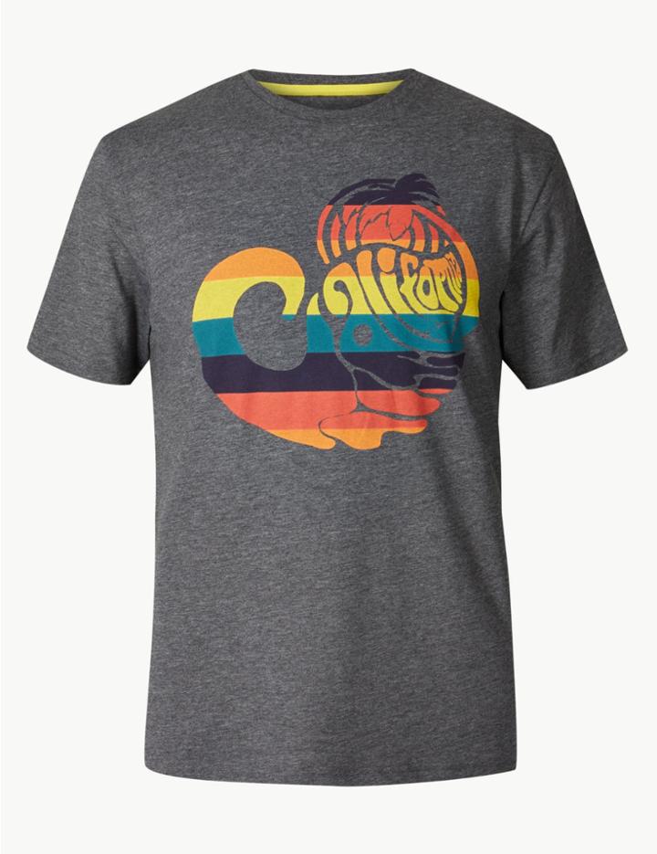 Marks & Spencer Cotton Blend Printed Crew Neck T-shirt Charcoal Mix
