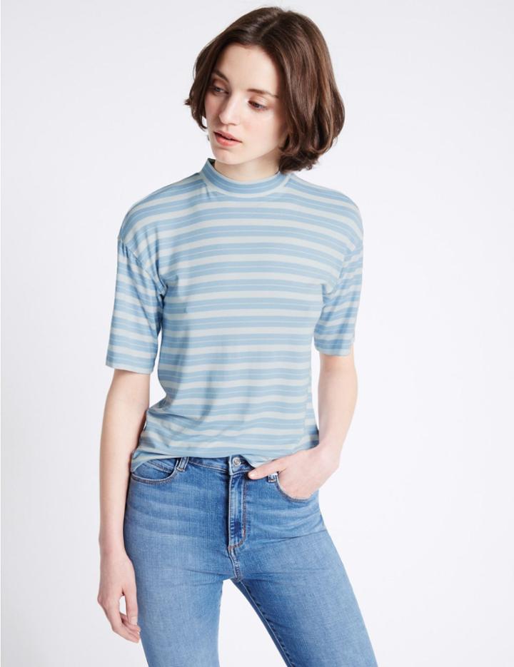 Marks & Spencer Striped Bow Back Half Sleeve T-shirt Blue Mix