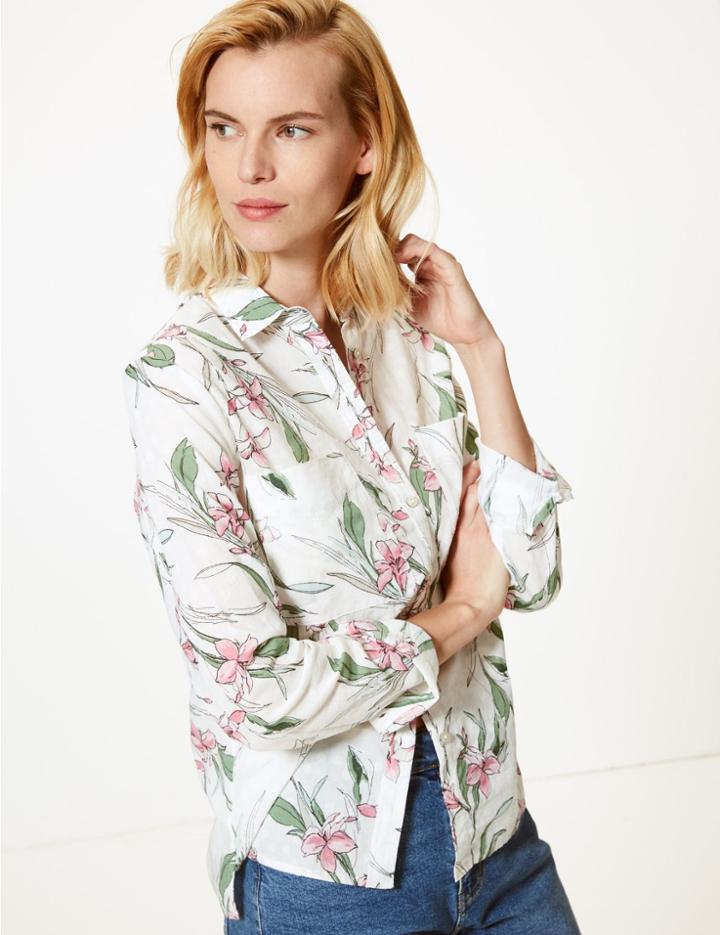 Marks & Spencer Pure Cotton Floral Print Long Sleeve Shirt Ivory Mix