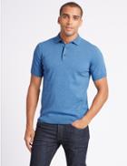 Marks & Spencer Cotton Rich Knitted Polo Shirt Blue Marl
