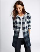 Marks & Spencer Pure Cotton Checked Ombre Longline Shirt Navy Mix