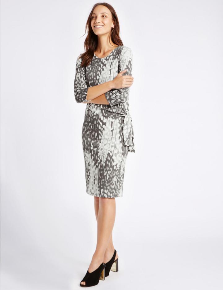 Marks & Spencer Animal Print Drape Waist Bodycon Midi Dress Grey Mix