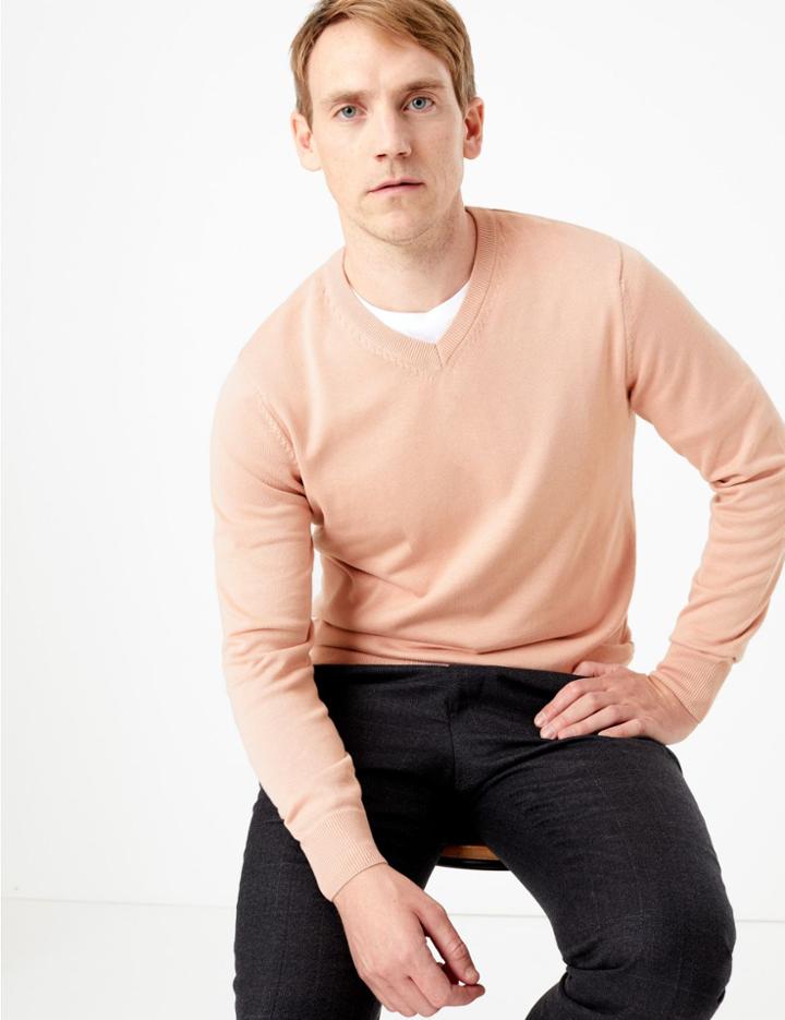 Marks & Spencer Cotton V-neck Jumper Soft Pink