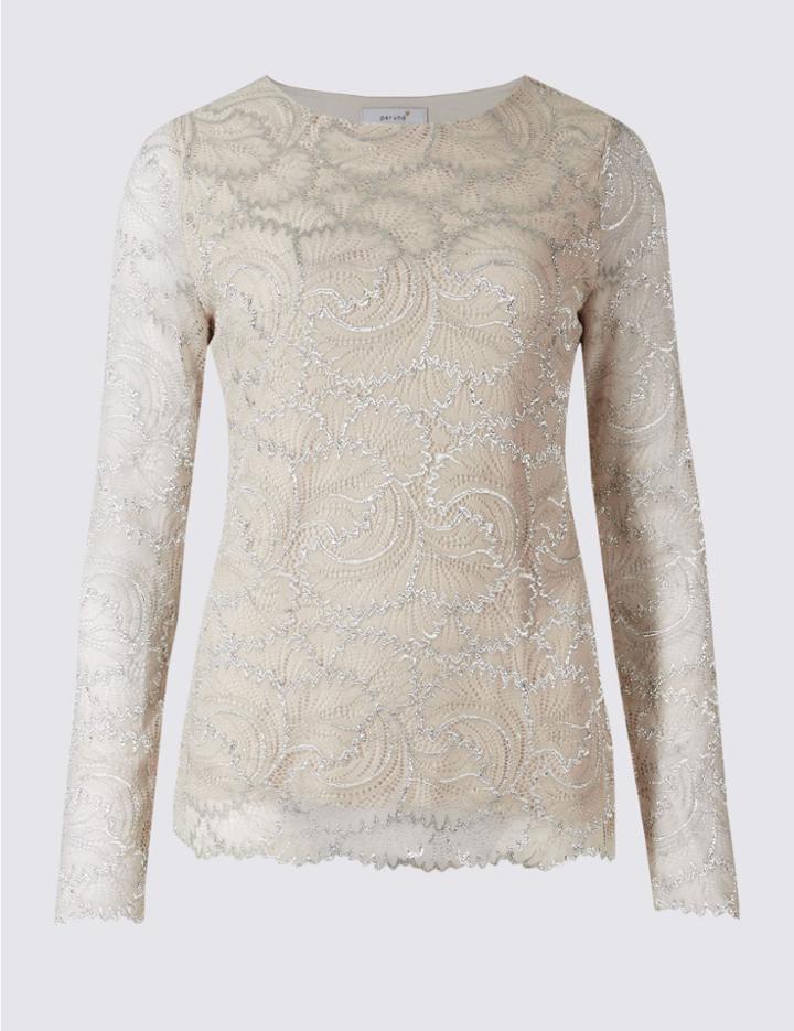 Marks & Spencer Metallic Lace Long Sleeve T-shirt Silver Mix