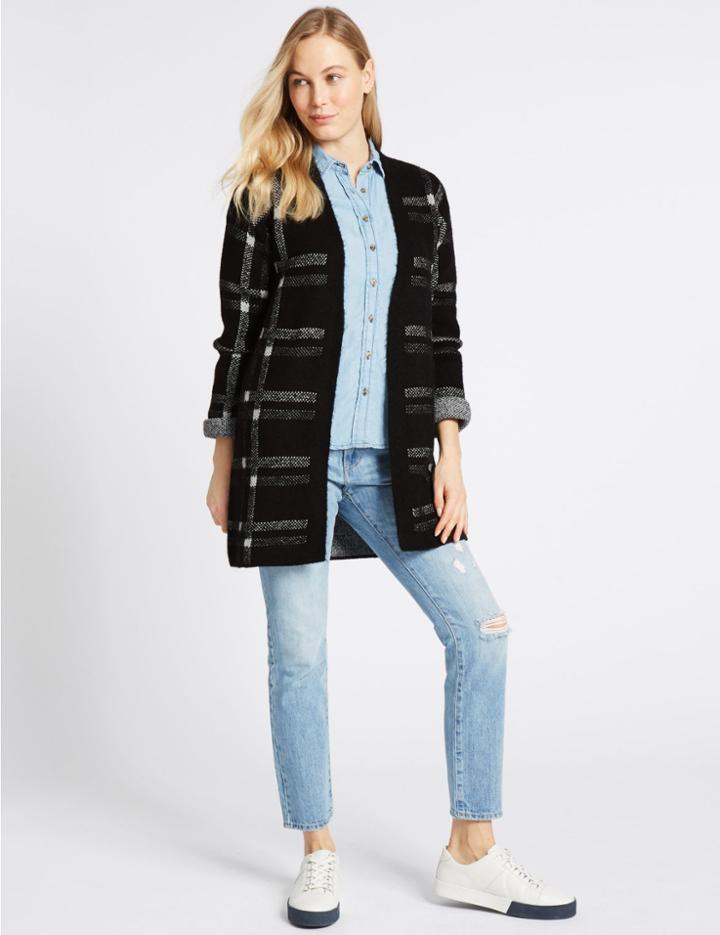 Marks & Spencer Textured Long Sleeve Cardigan Black Mix