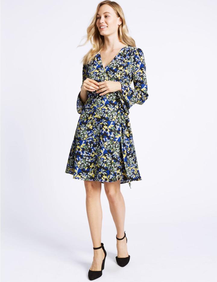Marks & Spencer Floral Print Long Sleeve Wrap Dress Black Mix