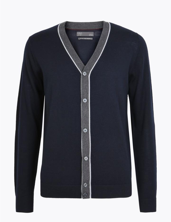 Marks & Spencer Pure Merino Wool V Neck Cardigan Navy Mix