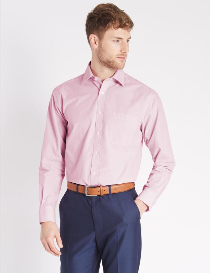 Marks & Spencer Easy To Iron Striped Shirt With Pocket Magenta