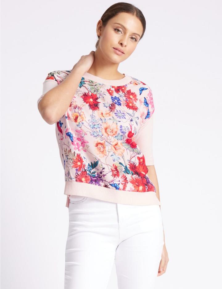 Marks & Spencer Floral Print Round Neck Half Sleeve Jumper Pink Mix