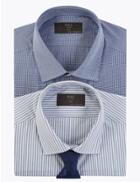 Marks & Spencer 2 Pack Tailored Gingham Easy Iron Shirts With Tie Blue Mix
