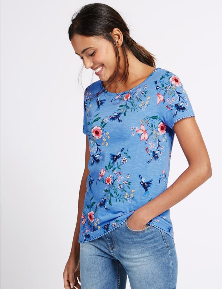 Marks & Spencer Pure Cotton Printed Scallop Trim T-shirt Navy Mix