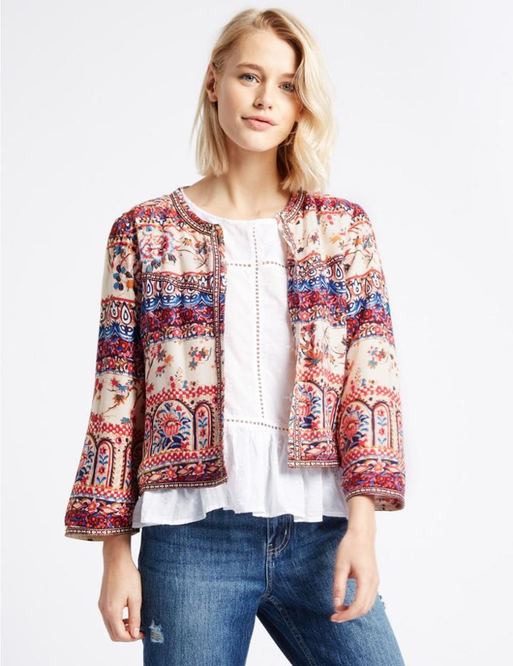 Marks & Spencer Floral Print Long Sleeve Kimono Blouse Peach Mix