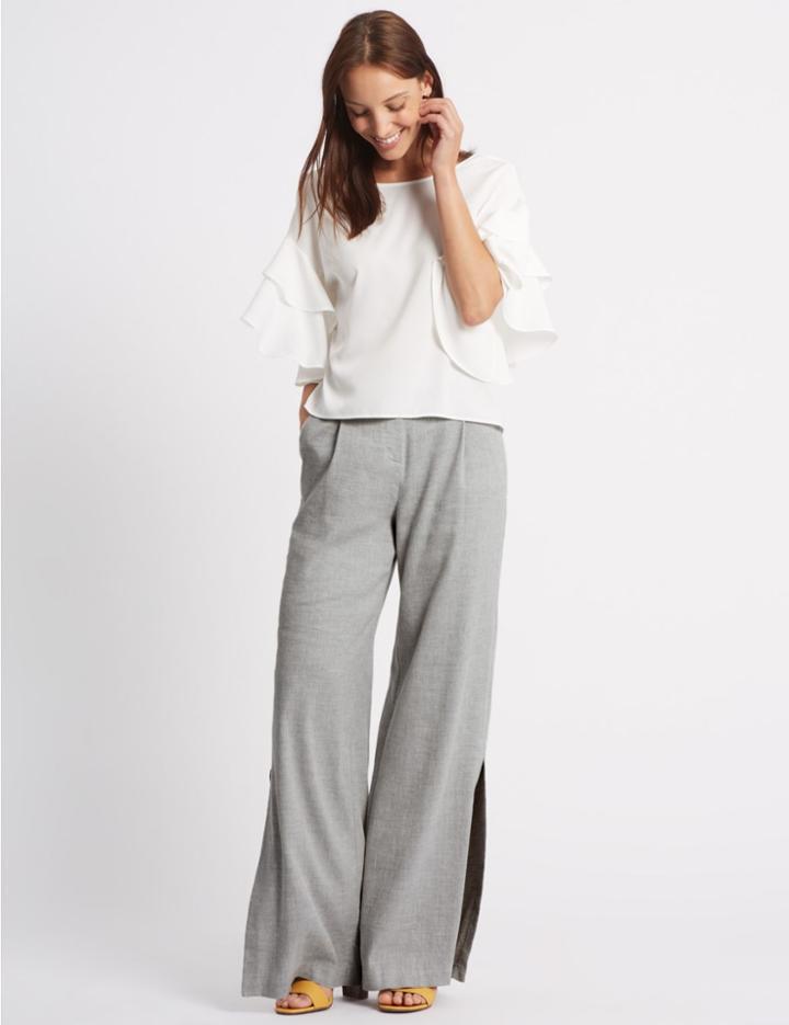 Marks & Spencer Linen Rich Split Hem Wide Leg Trousers Grey