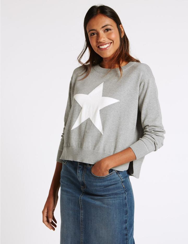 Marks & Spencer Pure Cotton Round Neck Jumper Grey Mix