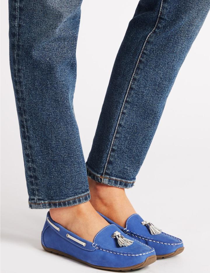 Marks & Spencer Wide Fit Leather Tassel Boat Shoes Bright Blue