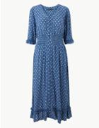 Marks & Spencer Floral Print 3/4 Sleeve Waisted Midi Dress Chambray Mix