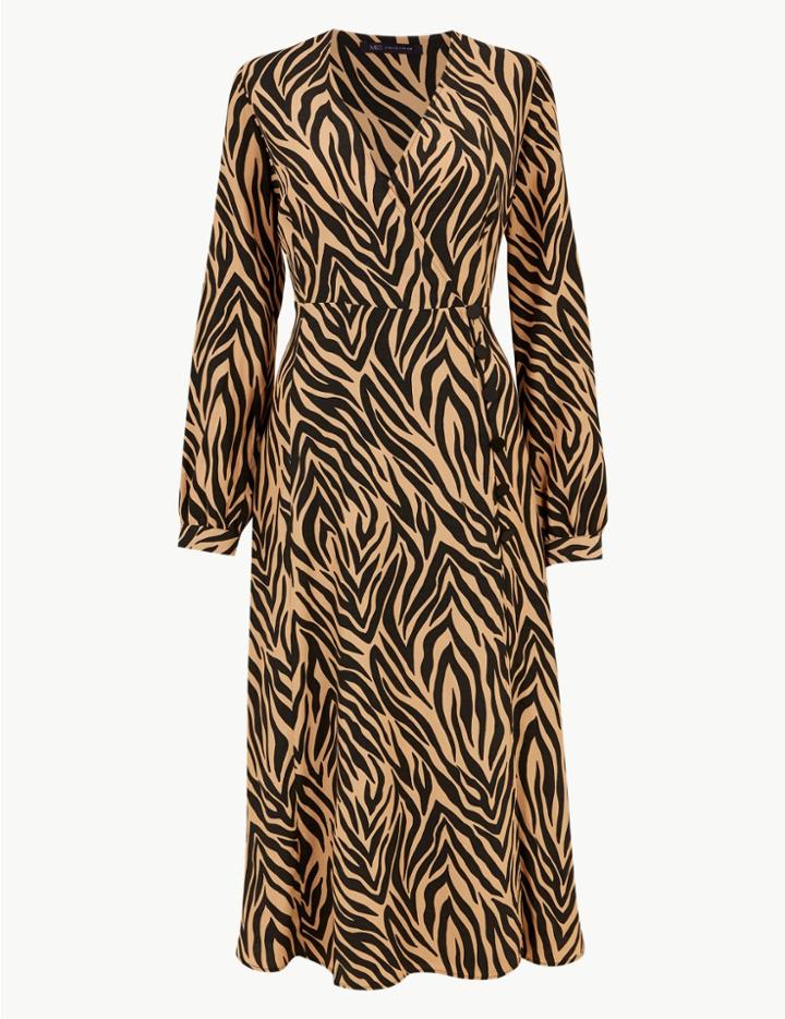 Marks & Spencer Animal Print Long Sleeve Wrap Midi Dress Light Tan Mix