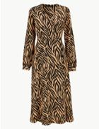 Marks & Spencer Animal Print Long Sleeve Wrap Midi Dress Light Tan Mix