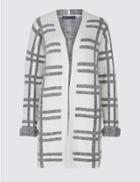 Marks & Spencer Checked Longline Open Front Cardigan Ivory Mix