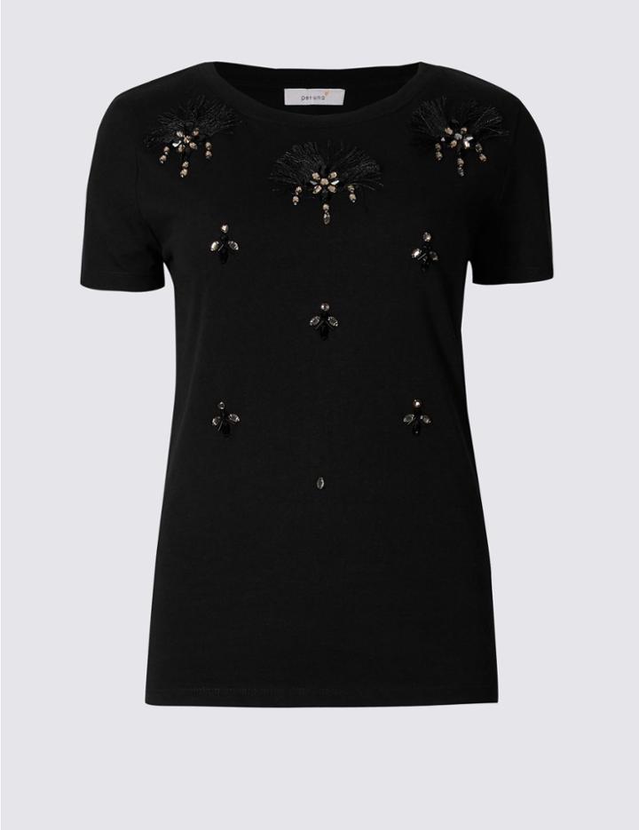 Marks & Spencer Pure Cotton Embellished Cluster Jersey Top Black