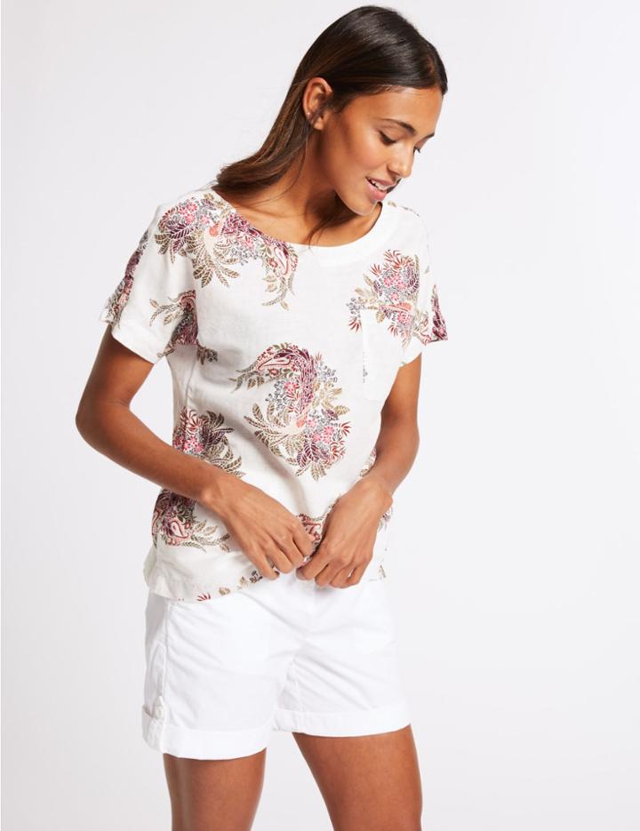 Marks & Spencer Linen Rich Floral Print Short Sleeve Blouse Ivory Mix