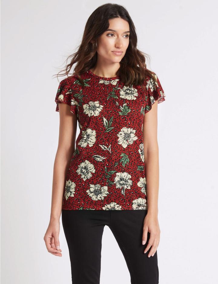 Marks & Spencer Floral Animal Print Frill Sleeve T-shirt Navy Mix